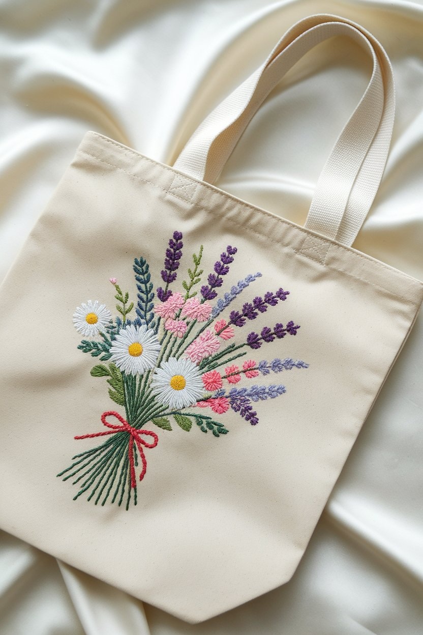 Bestickter Stoffbeutel und textile Accessoires